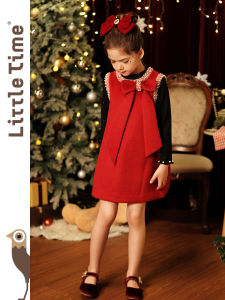 Little Time ชุดเดรสเด็กผู้หญิงฤดูใบไม้ร่วง/ฤดูหนาว กระโปรงสั้นผ้าขนสัตว์สีแดง ชุดราตรี ชุดเด็ก ชุดเดรสเด็กผู้หญิงสไตล์ Little Time