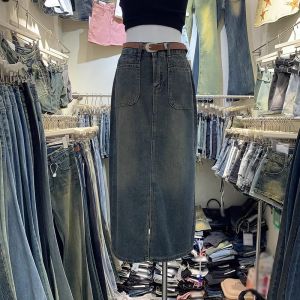 High Waist A-Line Mini Skirt Womens Denim Skirt Gradual Washed Draping Pocket Design Korean Style Commute Half-length Skirt