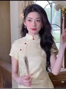 Q68 Yellow Cheongsam High-End New Chinese Style Dress China Style