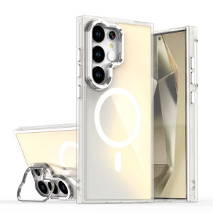 เคสโทรศัพท์ Magsafe Magnetic Luxury สีพื้นขอบแข็งพร้อมที่ยึดเลนส์ สำหรับ Samsung S25 Ultra S23 S22 S24 Ultra Plus FE ฝาหลัง