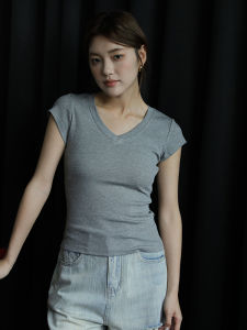 Gray V-neck Slim Fit Short Sleeve T-shirt Womens Summer Elastic Simple Design Knitted Top Versatile Casual Commute Style
