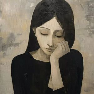 Tranh cô gái buồn phong cách trừu tượng cảm xúc cô đơn.Tranh treo tường dán tường trang trí nội thất.CGI-958