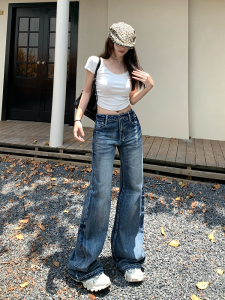 American Retro Low Waist Skinny Denim Female 2024 Autumn Heavy Industry Washed without Sticking Legs Loose Slim Looking Loose Pants