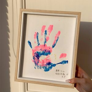 Hoyaa DIY Handprint Wooden Shadow Box Frame with Paint Set 8R Photo Frame with Stand Display Hand Paint for Couple Gifts