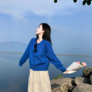 CHOEFULYN | Klein Blue Round Neck Knit Sweater for Women Autumn New Style Loose Outerwear