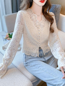 BaKuSen French Style Long Sleeve Lace Shirt Hollow out Design V-Neck Slim Fit Inner Wear Top for Women Elegant Classy