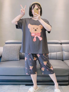 Cartoon Bear Summer Sleepwear Women plus Size 200 Pounds Pure Cotton round Neck Short Sleeve Seven-Piece Pants Home Clothes