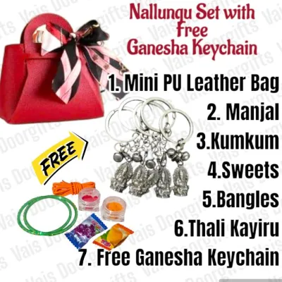 Nalunggu Set with Mini Leather Bag and Scarf | Unique Indian Doorgift | Nalunggu Set with free gift | Sumangali Set | Kuberalaxmi Coin | Ganesha Keychain
