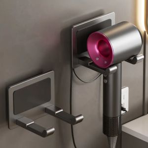 Bathroom Wall-Mounted Hair Dryer Holder No-Drilling Space Saver Organizer Rack Single Layer Aluminum Alloy Storage Shelf