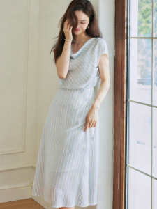 Roey s house | High-Quality Striped Satin Dress with Boat Neck and Waist Cinching