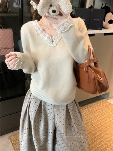 GUZILIAN | Womens V-neck Lace Trim Sweater Winter Fashion Sweet Youthful Versatile Soft Knitted Shirt Slimming Top Korean Style Loose Fit