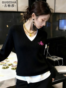 Korean Style Loose Casual Lazy Style Knitted Sweater Womens Autumn New Style Versatile Slimming Long Sleeve V-Neck Sweater