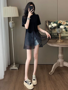 Fashionable Mesh Splice Mid-Length Top with Short Jeans Two-Piece Set Women Summer Outfit Casual Sportswear round Neck Short Sleeve