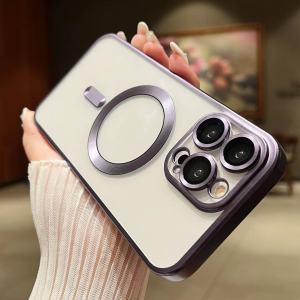 Luxury Shockproof Magsafe Wireless Charge Case for iPhone 15 14 13 12 11 Pro Max 14Plus 15Plus Case All-inclusive Transparent Plating Clear Bumper Cover For iphone15Pro Max 14Pro Max 13Pro Max 12Pro Max 11Pro Max Cases With Lens Protection
