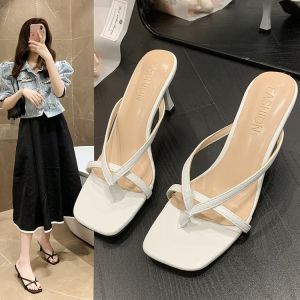 French Style Toe Post Sandals Thin Heel Womens Outdoor Slippers Square Head High Heel Thong Slippers Summer New Arrival