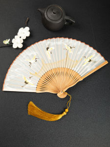 Elegant Womens Folding Fan Traditional Chinese Style Crane Design Portable Summer Fan for Childrens Clothing Hanfu Qipao