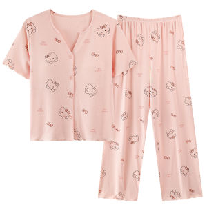 MiiOW | Cat Woman Ice Silk Sleepwear Short Sleeve Cool Feeling Summer New Style Womens Home Clothes Outwear V-neck Button Design