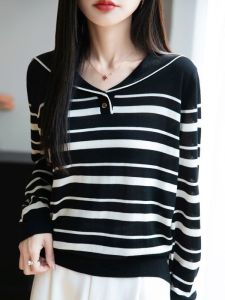 เสื้อสเวตเตอร์ถักลายทางคอปกสีน้ำเงินสไตล์เกาหลีสำหรับผู้หญิง ทรงหลวม แขนยาว ผ้าลินิน ทรงหลวม ทรงปกติ ฤดูใบไม้ร่วง 2025