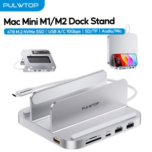 PULWTOP Vertical Mac Mini Dock USB-C Hub with SSD Enclosure USB A/C 3.2 USB A 2.0 SD/TF Audio for M1 M2 (NOT for M4 2024)