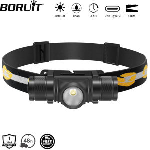 BORUiT D10 1000LM LED Headlamp Powerful Lightweight Headlight Type-C Rechargeable Head Torch Waterproof Camping Fishing Lantern