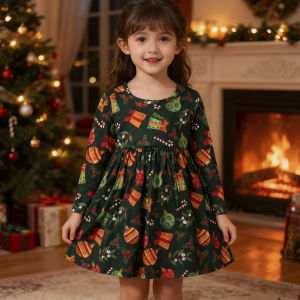 [ชุดเดรสแขนยาวธีมคริสต์มาสสำหรับเด็กผู้หญิง] กระโปรงจีบพิมพ์ลาย กระโปรงทรงเอคอกลมเนื้อนุ่มสบายผิว ชุดเด็กสำหรับเทศกาล ชุดปาร์ตี้สุดน่ารักและสนุกสนาน