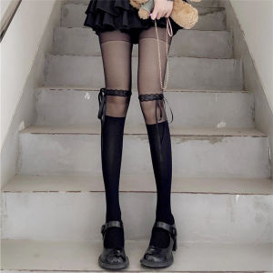 Lace-up Bows Patchwork One-Piece Stockings Lolita Sweet Ballet Style Stockings Female Leg Shaping Stockings Anti-Snagging
