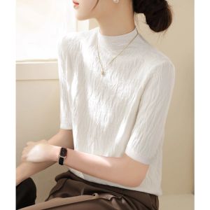 Wrinkle Half Turtleneck White Top Five-Sleeve