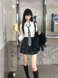 Original Mars JK Uniform Skirt High Waist Half-length Pleated Slimming Elastic Waist Womens Set with Button Detailing