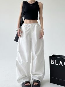 White Summer New Arrival American Retro Loose Slim Looking Straight Ankle Tied Wide Leg Thin Parachute Paper Bag Cargo Pants