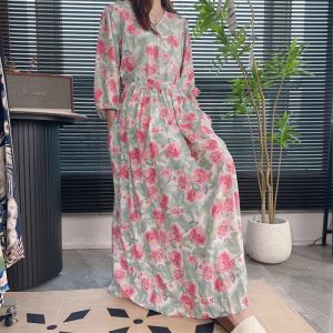 Summer Cotton Silk Dress Womens Waist Cinched Thin Sweet Floral V-neck Maxi Skirt Artificial Cotton Holiday Beach Long Dress