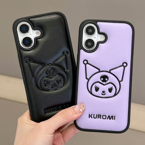 3D Cute Cartoon Sanrio Kuromi Embossing Texture Leather Phone Case For iPhone 16 15 14 13 Pro Max Shockproof Hard Cover