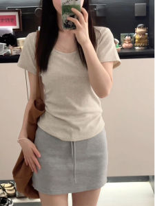 Korean Style U-Neck Short Sleeve Pure Cotton Womens T-Shirt Spring Summer New Fashion Simple Match All Pure Color Small Top