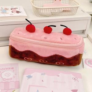 〔P〕Kawaii Cake Plush Pencil Case Cute Cherry Decoration Large Capacity Soft Pen Bag Student Stationery Storage Pouch for Girls