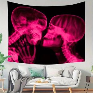 VIKAMA Hồng X-Ray Hôn Núi Đầu Lâu Tấm Thảm Đậm Gothic Ảo Giác Treo Tường Cho Cặp Đôi Phòng Ngủ Ký Túc Xá Thể Thao Điện Tử Trang Trí Polyester