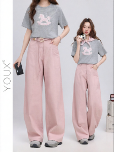 YOUXIANG | Quần Jeans Chân Rộng Màu Hồng Đơn Giản và Thời Trang