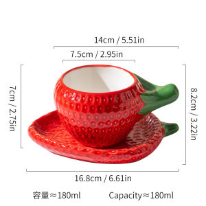 Strawberry Pattern Ceramic Coffee Cup Set Double Layered with Saucer Underglaze Color Gift Set Red And Pink Coffee Spoon Included