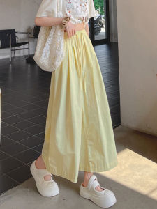 กางเกงขายาวทรงหลวมเอวสูงผ้าคอตตอนผสมลินินสีเหลือง Dopamine สำหรับผู้หญิง กางเกงขายาวทรงหลวม ทรงหลวม ทรงเข้ารูป สไตล์ฤดูร้อน