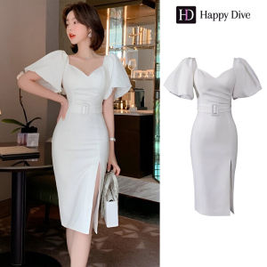 Happy Diva ฤดูร้อนผู้หญิงสีขาวสีดําสง่างามคอวีพัฟแขนชุดเพรียวบางเอวสูงงานแต่งงานอย่างเป็นทางการปาร์ตี้ตอนเย็นเพื่อนเจ้าสาวแฟชั่นเซ็กซี่สําเร็จการศึกษาวันเกิดงานพรอมอาหารค่ําลําลองทํางานสํานักงานสง่างามชุดมินิเดรส 4234