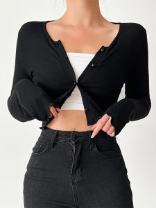 Black Knitted Sun Protection Short Cardigan Spring Shoulder Wrap Outerwear Top Small Cannon Shoulder Casual Style Organic Cotton