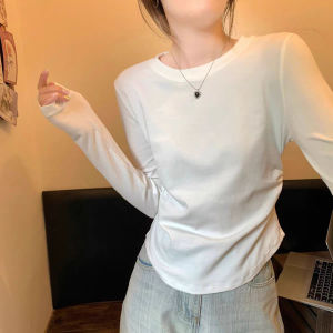 Black Slim Fit Long Sleeve Base Shirt Womens Inner Wear Autumn Waist Cinched Slimming Top Hem Arc T-Shirt Casual Style Commute