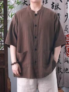 Loose Fit Short Sleeve Mens Shirt Summer Linen Tang Suit New Chinese Style Cotton Linen Thin Stand Collar Fashion Urban Wear