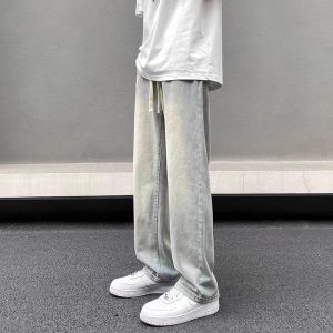 High Street Yellow Mud Dyed Wide Leg Denim Women Elastic Waist Early Autumn New Small Loose Slim Looking Lace Straight-Leg Pants