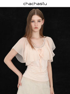 CHACHASTU | Áo Blouse Tay Ngắn Giả Hai Mảnh Viền Ren Elegance Pháp