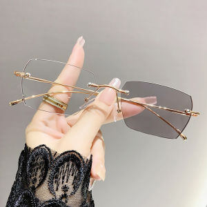 TANCO NO.6027P Auto Change Color Myopia Glasses for Women Rimless Style Eyeglasses for Female Anti Blue Light Anti-UV Nearsighted Eyeglasses Photochromic UV400 Lens Metal Frame Computer Glasses with Glasses Case