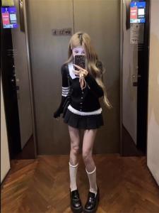 Academic Style Long Sleeve Knitted Set with Lace Panel High Waist Pleated Mini Skirt And Bow Collar for Women Autumn 2025