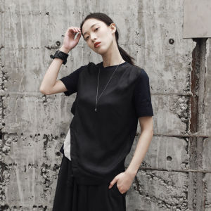 Simple Black Summer Minimalist Style Stylish Tencel Patchwork Asymmetrical Short Sleeve T-shirt