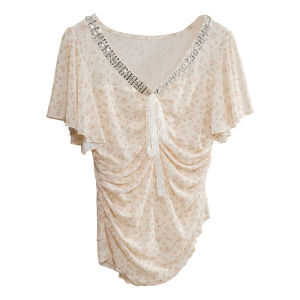 French Elegant Blouse Ruffle Hem Pearl Trimmed V-Neck Short Sleeve Wrinkle Waist Small Top