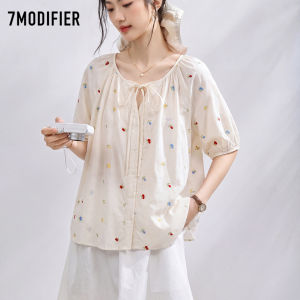 7.Modifier | Áo Sơ Mi Cổ Tròn Dây Ruy Băng Thêu Mùa Hè Form Rộng Tay Ngắn