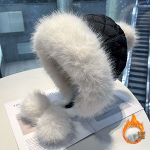 Northeast Outdoor Cold-Resistant down Cotton Earmuffs Hat Female Fall and Winter Rabbit Plush Thick Fur Collar Warm Hat Cold-Proof Ushanka