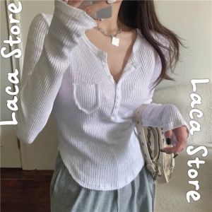 Áo Gài nút phối túi dài tay chất gân mịn Laca store áo kiểu dài tay vạt bầu B14-1